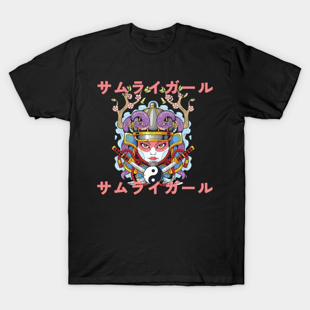 Yin Yang Samurai Girl Japanese Characters Design T-Shirt by Ampzy